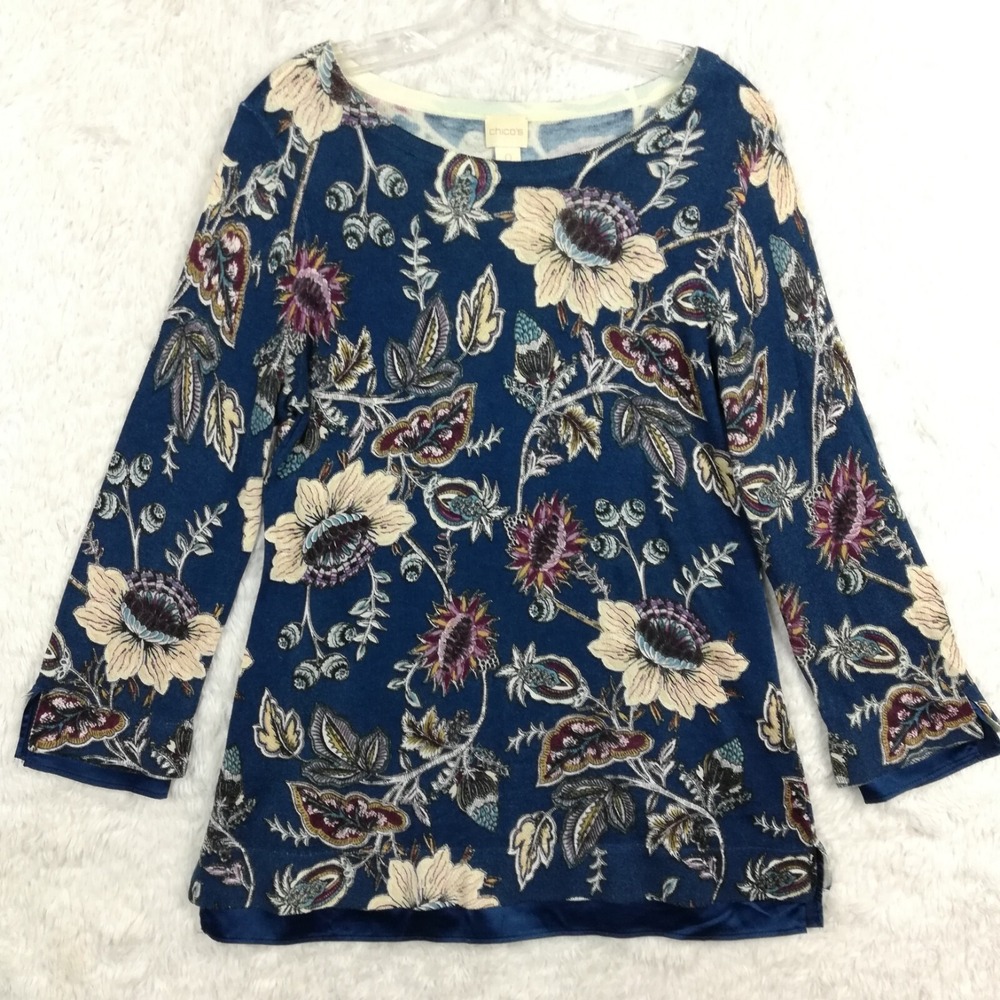 Chico's Womens Sweater Top Blue Floral Print Pullover Knit Lightweight 0